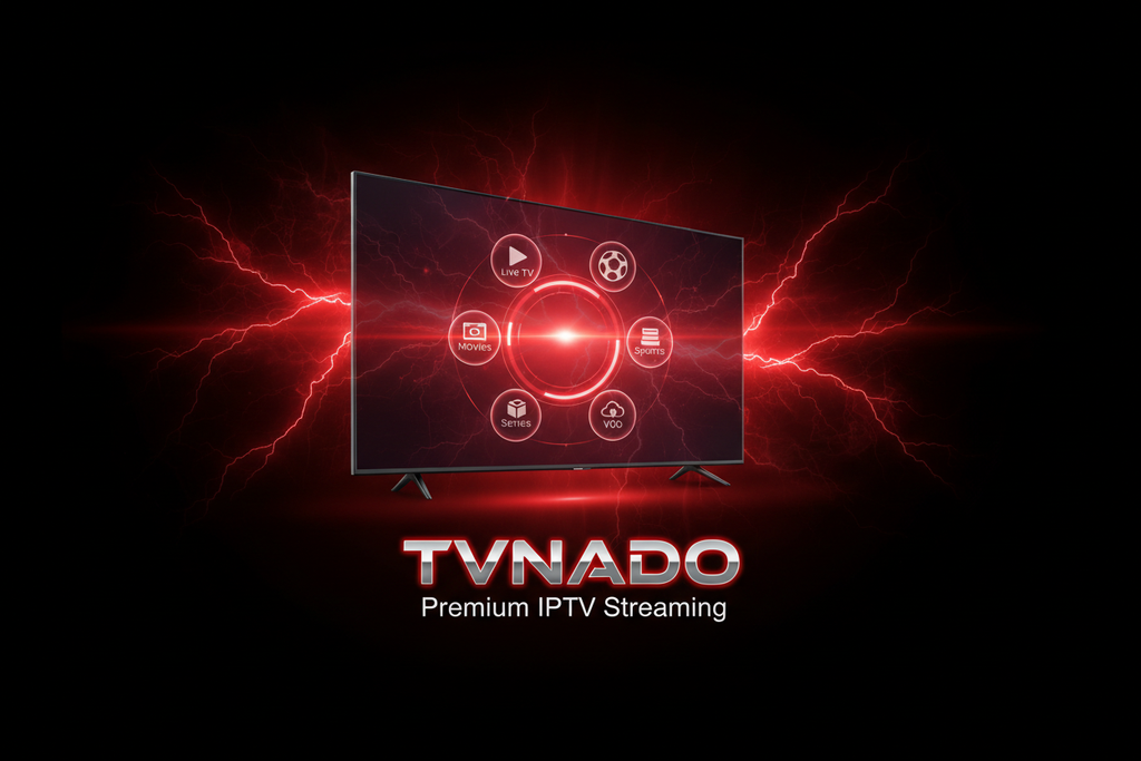 A bold premium IPTV streaming banner for the brand TVNADO, featuring a modern 4K television screen glowing with rich red tones (#d32f2f & #b71c1c), displaying icons for Live TV, Movies, Sports, Series, and VOD. Clean futuristic tech UI, lightning streak patterns symbolizing speed, dark background with red gradients, sharp high-resolution lighting, premium streaming vibe, 1200x628 format, no watermark.