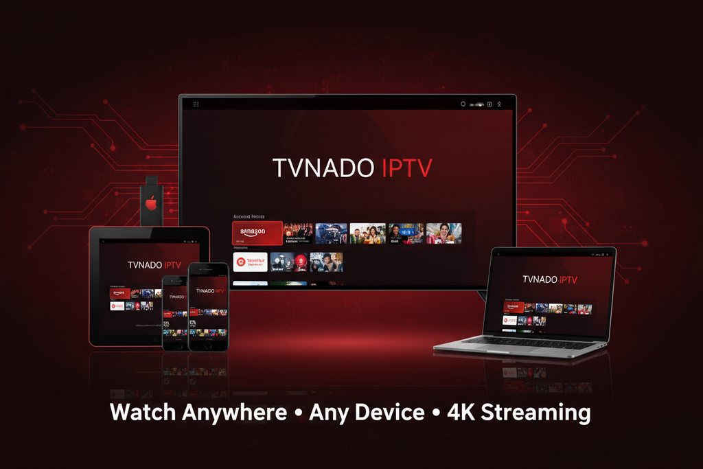 A compatibility showcase image for TVNADO IPTV featuring realistic Smart TV, Firestick, Android phone, iPhone, Tablet, and Laptop on a dark red tech background. Red glow accents (#d32f2f and #b71c1c), icons arranged cleanly, tagline “Watch Anywhere • Any Device • 4K Streaming”, modern glossy lighting, professional layout, 1200x628 resolution.