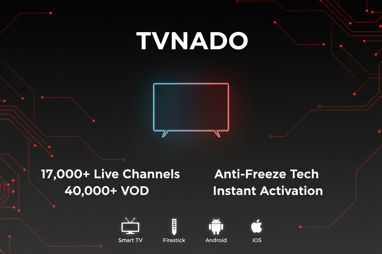 A sleek IPTV feature graphic for TVNADO showcasing key selling points: 17,000+ Live Channels, 40,000+ VOD, Anti-Freeze Tech, Instant Activation, works on Smart TV / Firestick / Android / iOS. Red (#d32f2f) and dark gradient background, clean white typography, a minimal glowing TV silhouette, futuristic layout, modern streaming aesthetic, 1200x628, no background clutter.